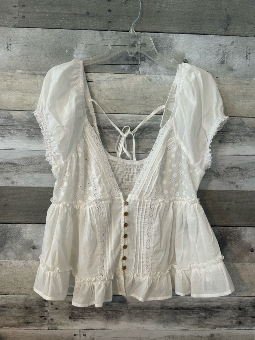 SHEIN White Eyelet Peasant Blouse with Button Front